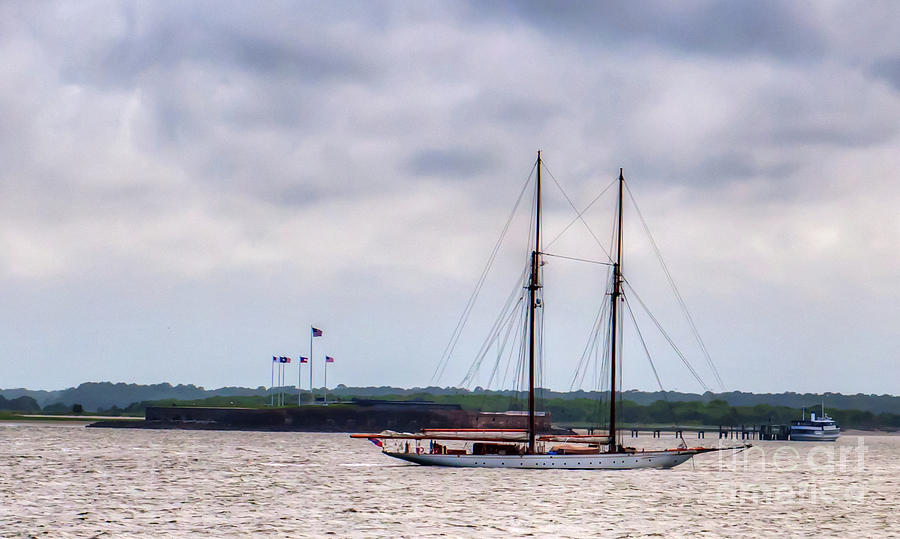 Two Masted Schooner Sailing by Fort Sumter Photograph by Dale Powell
