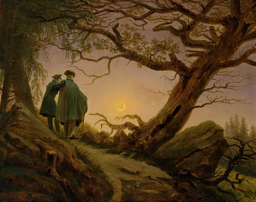 Two Men Contemplating The Moon Painting by Mountain Dreams