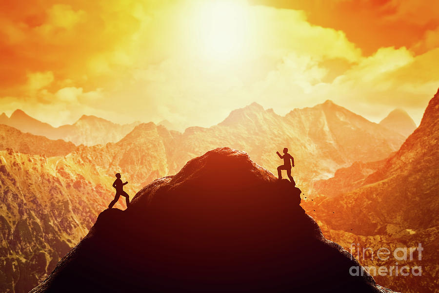 Sunset Photograph - Two men running race to the top of the mountain. Competition, rivals, challenge by Michal Bednarek
