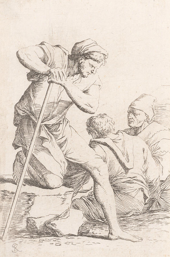 Two men sitting and another man holding a staff kneeling on a rock Relief by Salvator Rosa