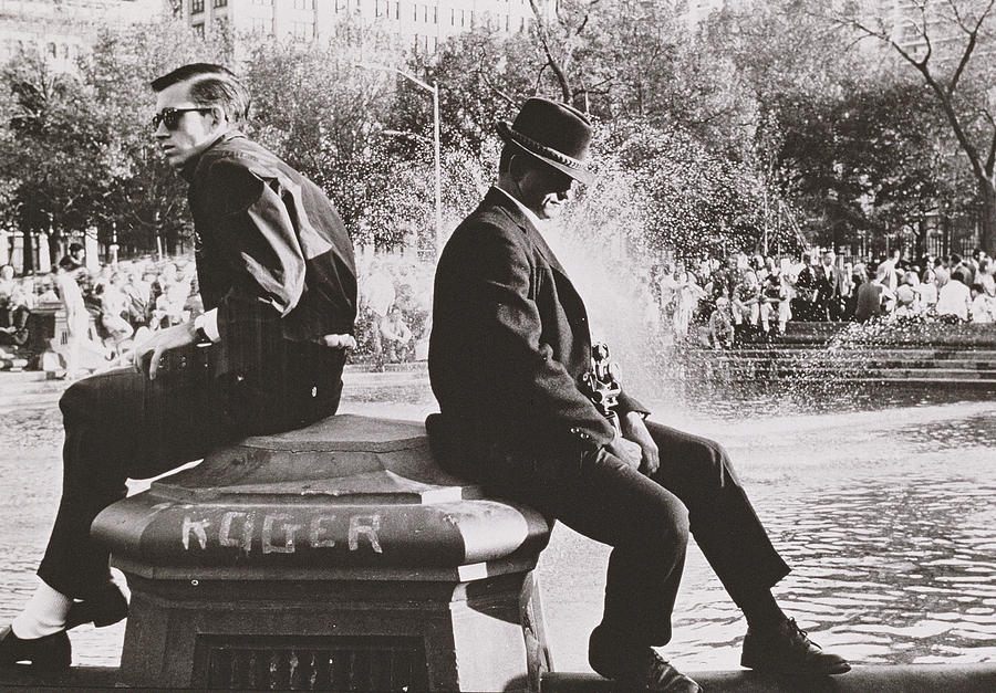 Fountain Photograph - Two Men Sitting Back to Back Near Washington Square Park Fountain by Nat Herz