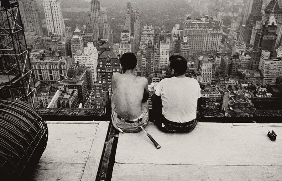 Up Movie Photograph - Two Men Sitting on a Scaffold Overlooking Manhattan by Nat Herz