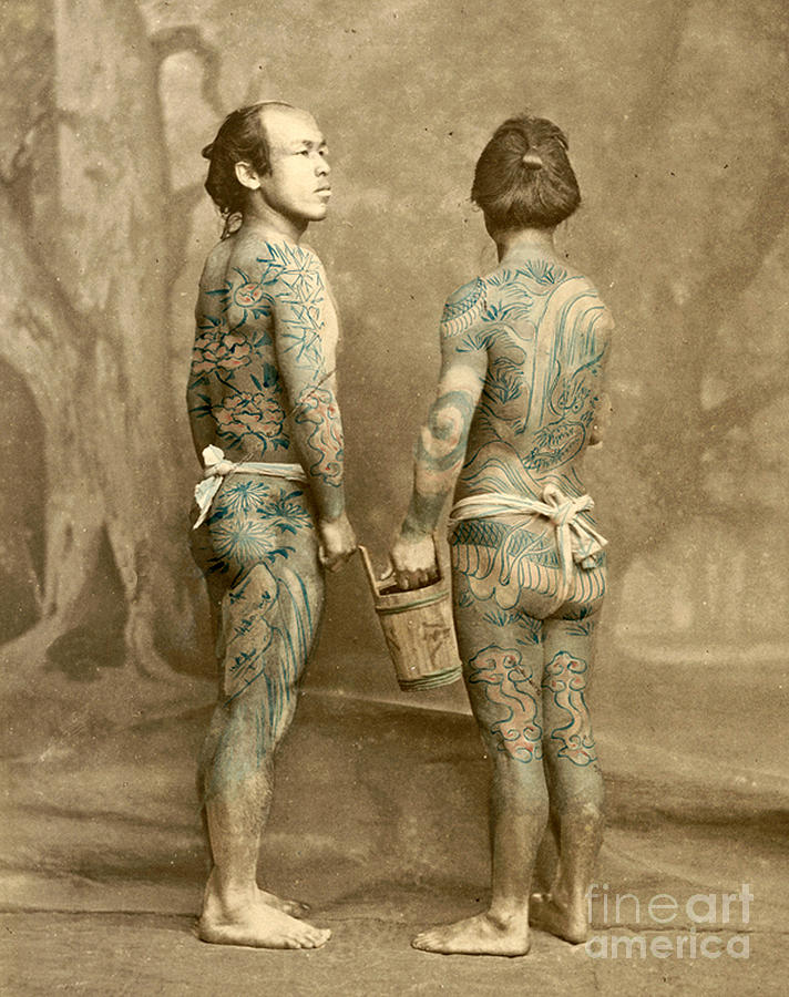 Two men with traditional Japanese Irezumi tattoos Photograph by Japanese School