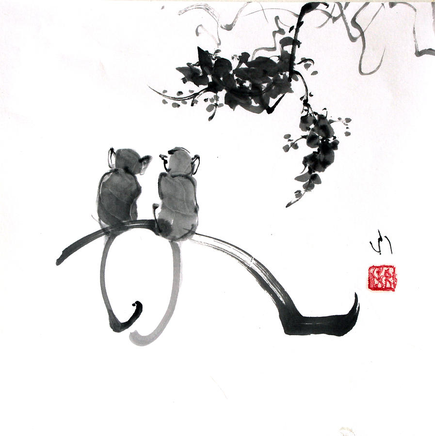 Two Monkeys Painting by Fumiyo Yoshikawa