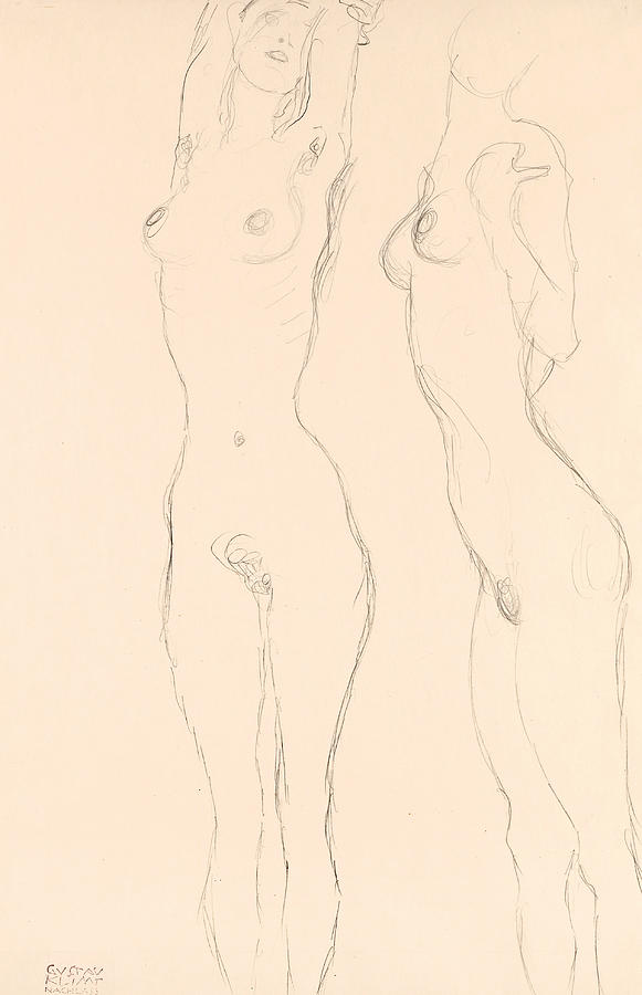 Two Nudes the Left One with Raised Arms  Drawing by Gustav Klimt