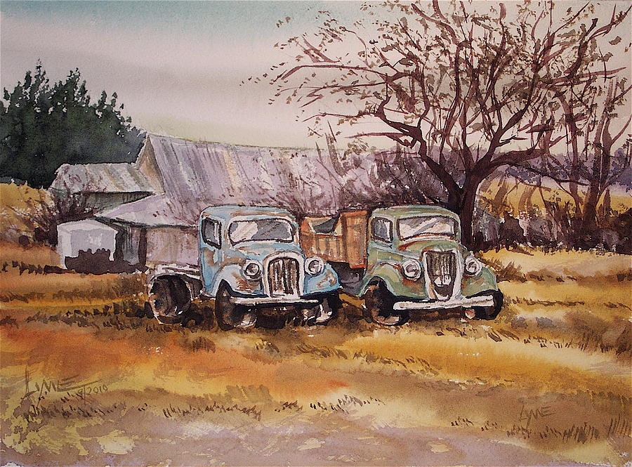 Two Old Trucks Painting by Lynne Haines