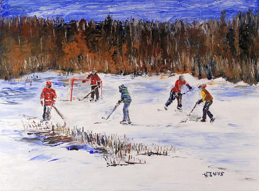 Two on Two on the Frozen Pond Painting by Richard Jules