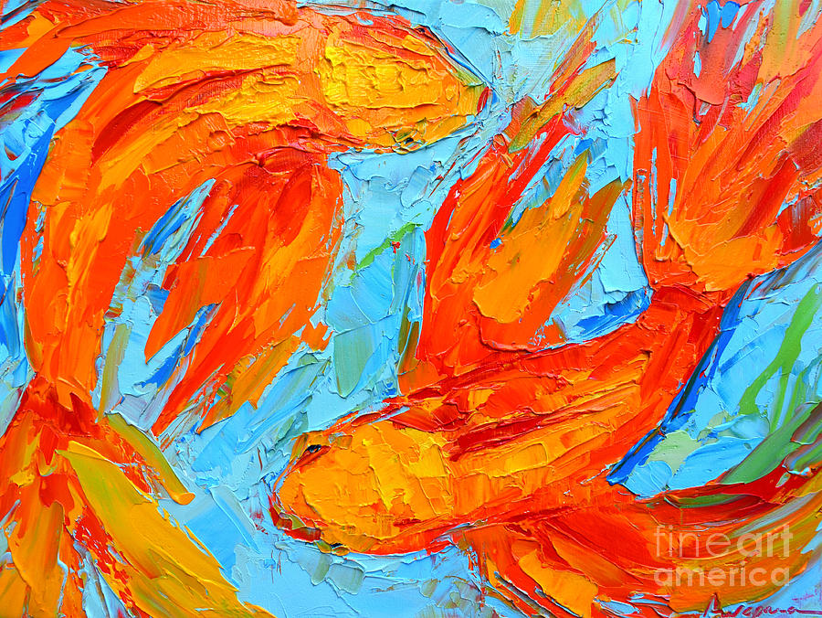Two Orange Koi Fish - Modern Impressionist Palette knife - Yin yang - Piscis Painting by Patricia Awapara