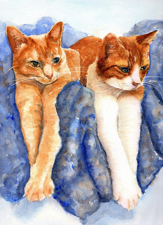 BCB Orange Tabby Cat and Tabby Cat Together on the Couch Print of Painting ACEO 