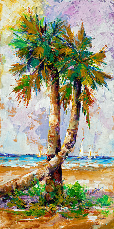 Two Palm Trees with Sail Boats Painting by Mary DuCharme