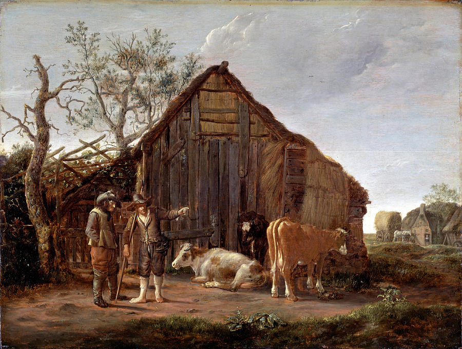 Farm Painting - Two Peasants with Cows by Govert Dircksz Camphuysen