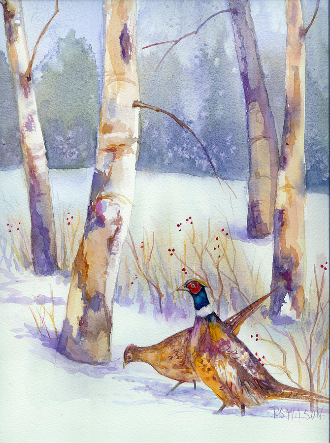 Winter Painting - Two Pheasants in Winter by Peggy Wilson
