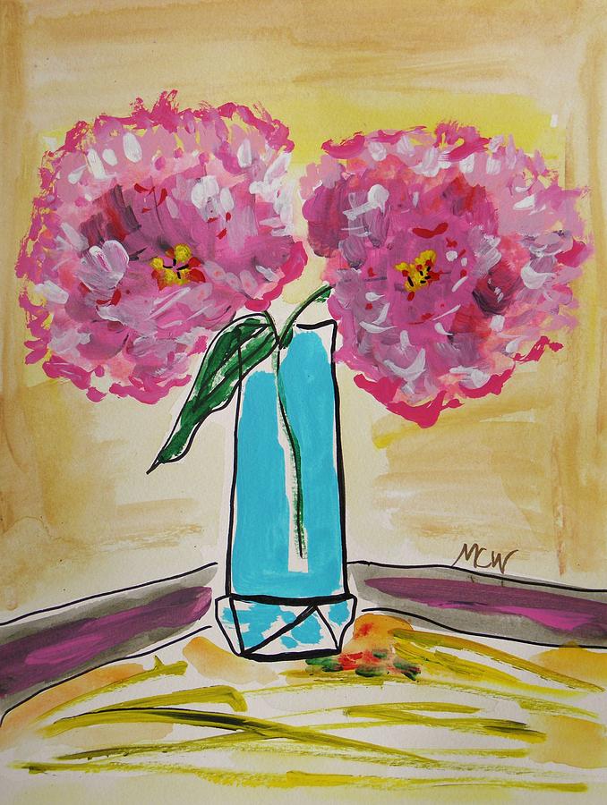 Two Pink Peonies Painting by Mary Carol Williams