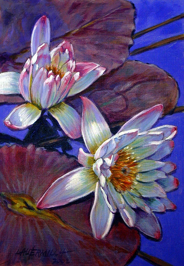 Two Pink Water Lilies Painting by John Lautermilch