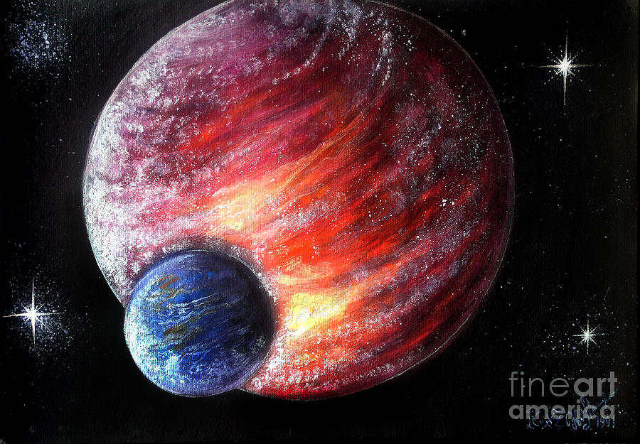 Painted Planets. Set of Watercolor Blue, Red and Brown Planets