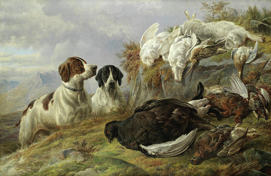 Dog Painting - Two pointers with dead game in a highland landscape by Charles Jones