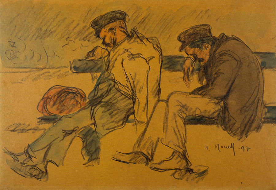 Two Poor Men Sleeping Drawing by Isidre Nonell