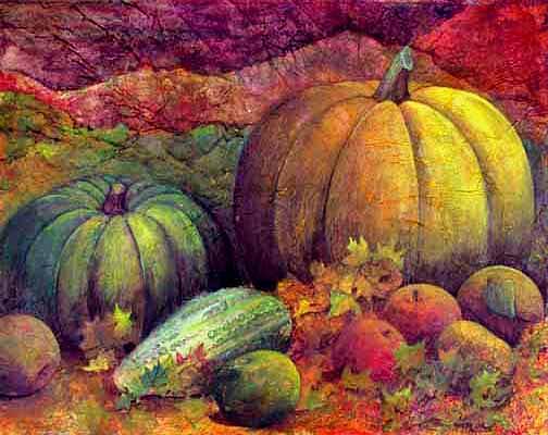 Two Pumpkins Painting by Sandy Clift