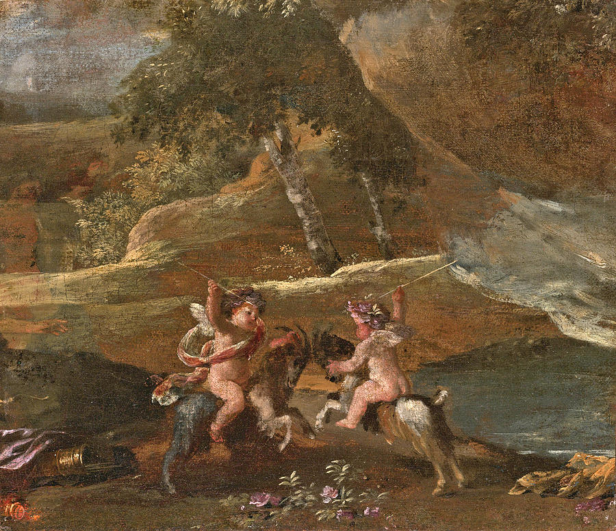 Two putti fighting mounted on goats Painting by Nicolas Poussin