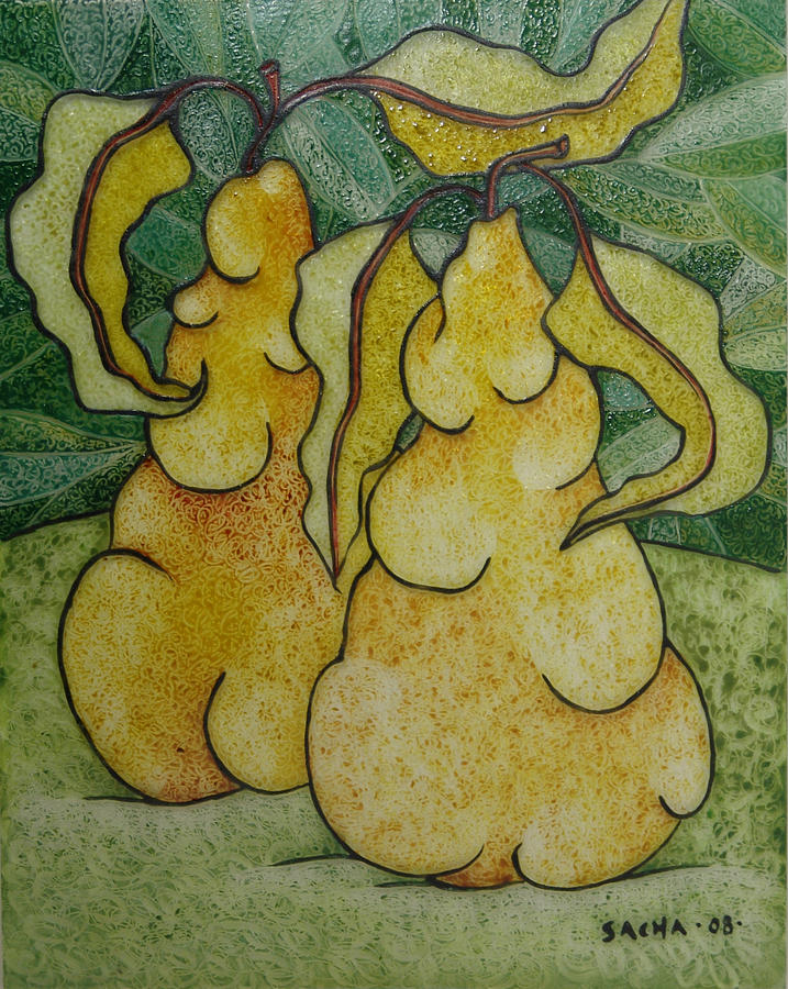 Two Quinces Painted Glass 2008 Painting by S A C H A - Circulism Technique Two Quinces Painted Glass 2008 Painting by S A C H A - Circulism Technique