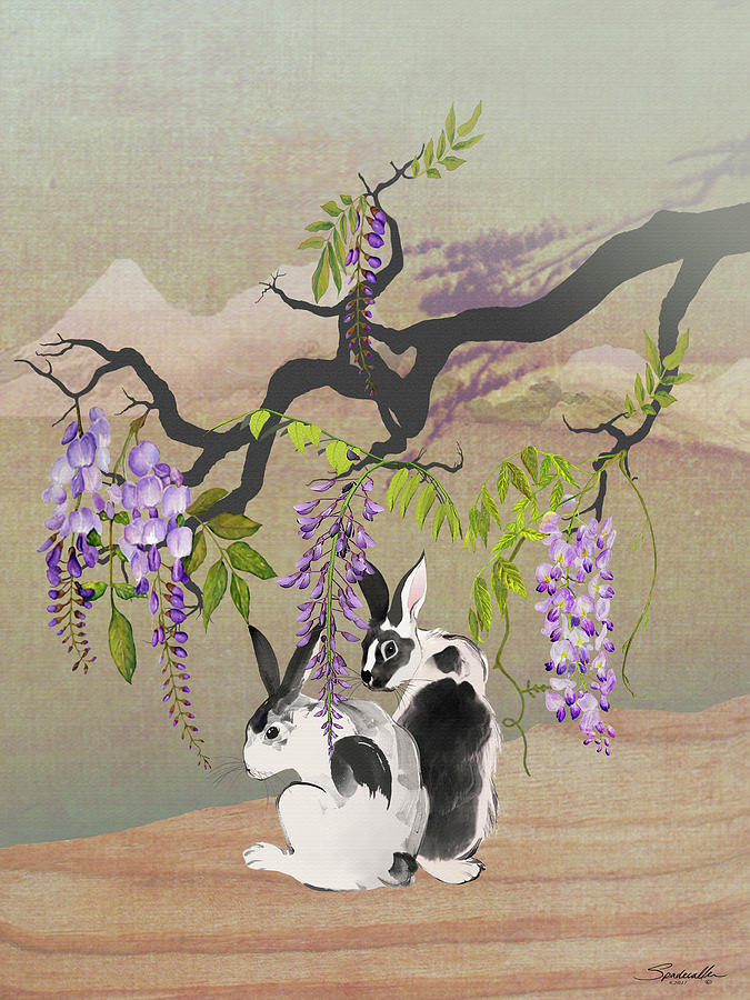 Two Rabbits Under Wisteria Tree Digital Art by M Spadecaller