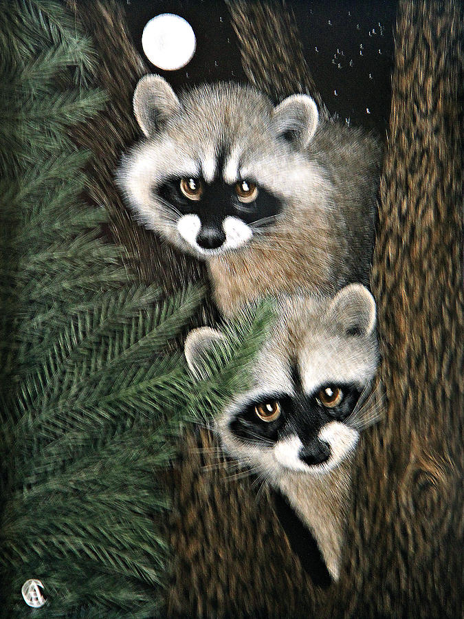 Two Raccoons Painting by Angie Cockle