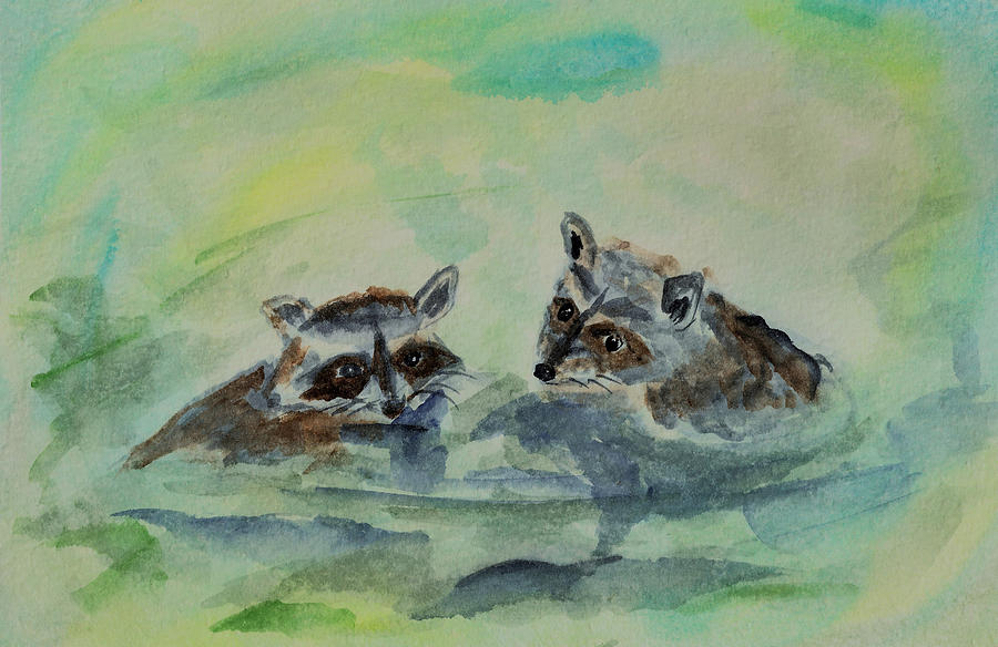 Raccoon Painting - Two Raccoons Swimming by Tomer Rosen Grace