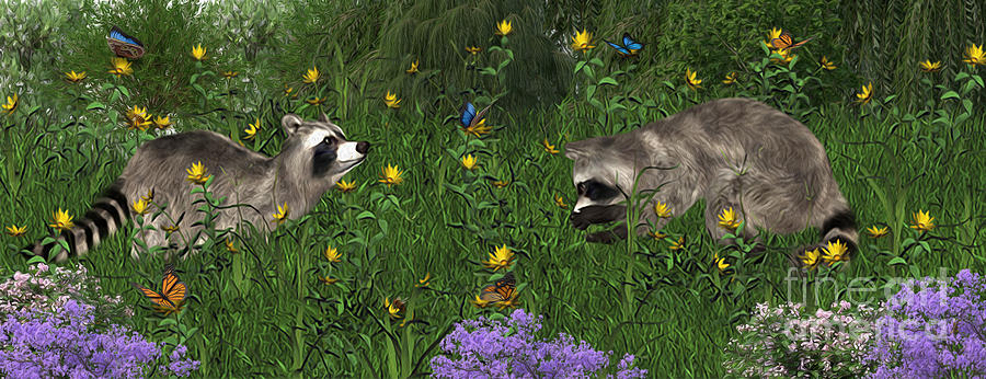 Two Raccoons  with butterflys Digital Art by Walter Colvin