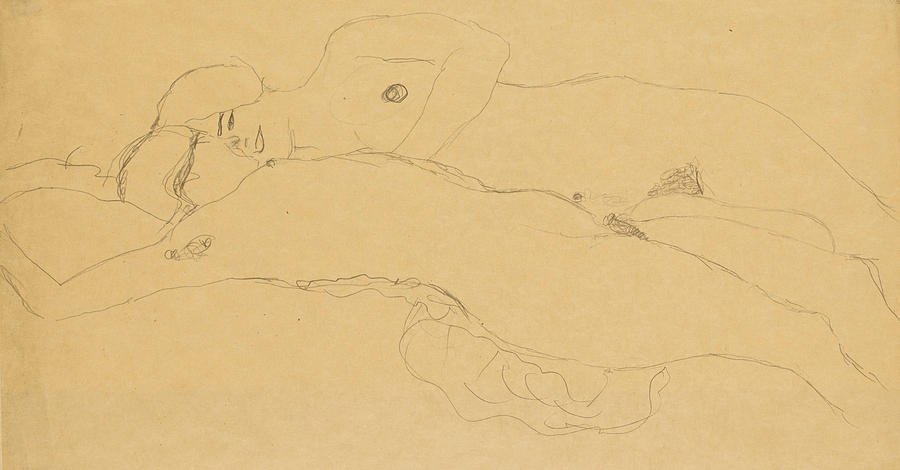 Two Reclining Girls Drawing by Gustav Klimt