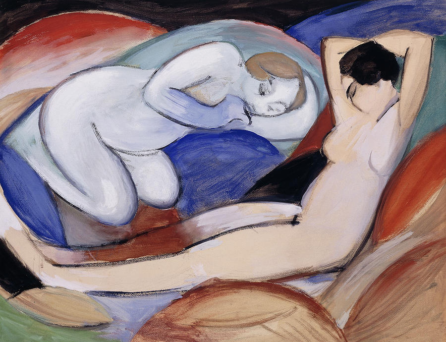 Two Reclining Nudes Painting by Franz Marc
