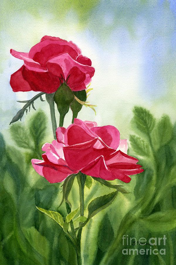 Two Red Roses with Leafy Background Painting by Sharon Freeman