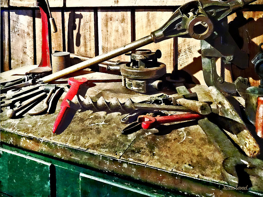 Wrench Photograph - Two Red Wrenches on Plumbers Workbench by Susan Savad