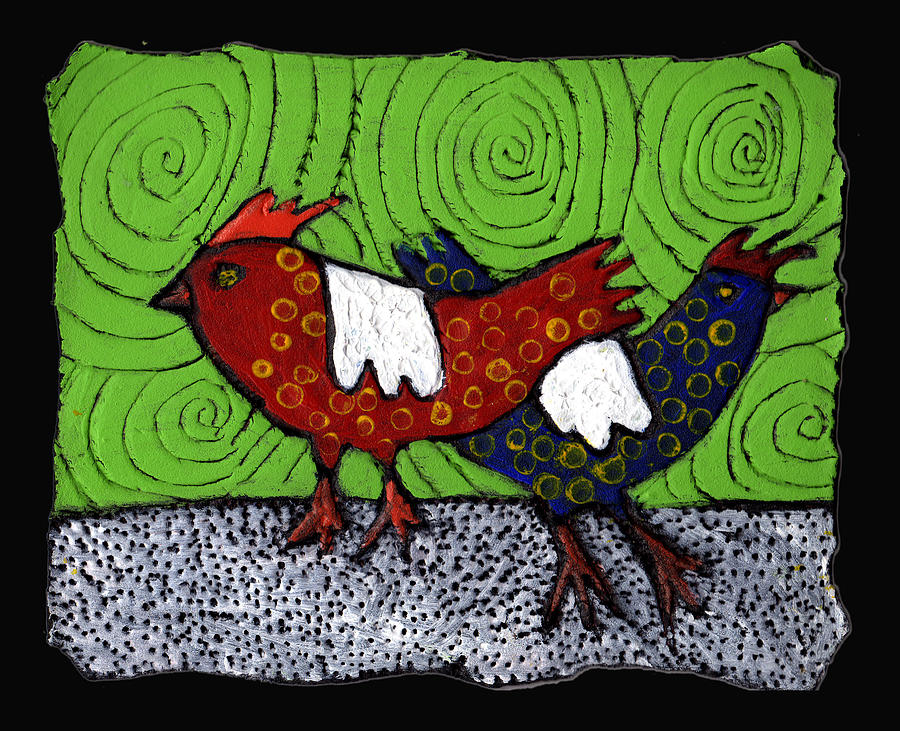 Two Roosters Painting by Wayne Potrafka
