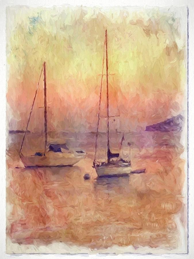 Two Sailboats at Sunset Digital Art by Karen Jensen