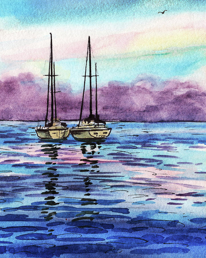 Two Sailboats At The Shore Watercolor Painting by Irina Sztukowski