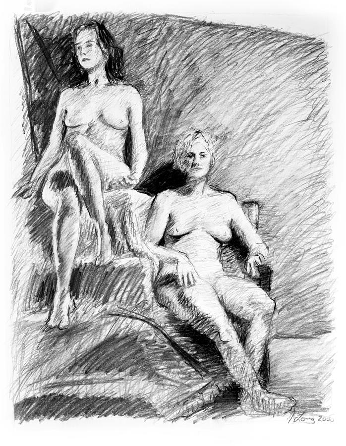 Two seated nudes figure drawing Drawing by Adam Long