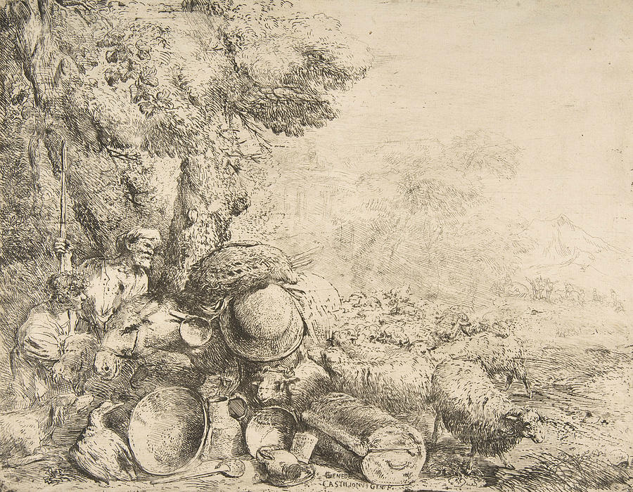Two shepherds, a donkey and other animals in a landscape Relief by Giovanni Benedetto Castiglione