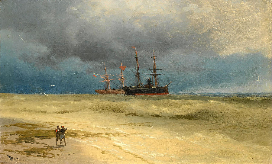 Two Ships anchored off a Beach Painting by Ivan Konstantinovich Aivazovsky