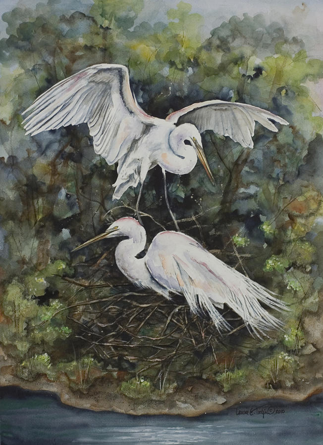 Two Snowy Egrets Painting by Laurie Tietjen