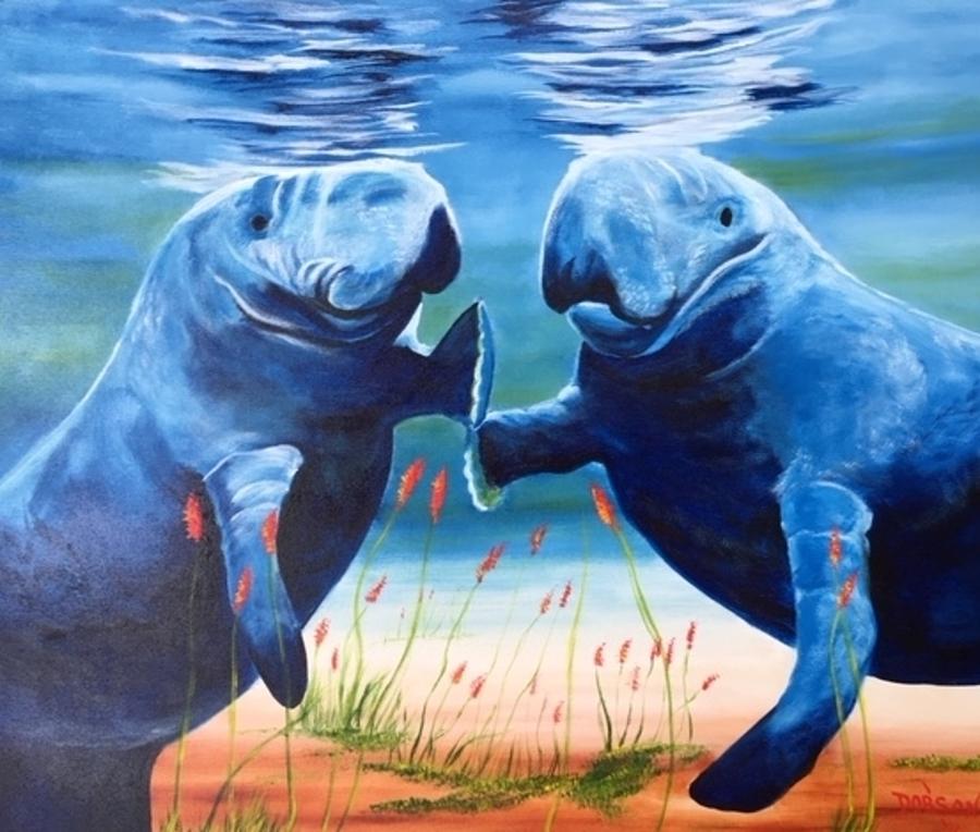 Two Socializing Manatees Painting by Lloyd Dobson