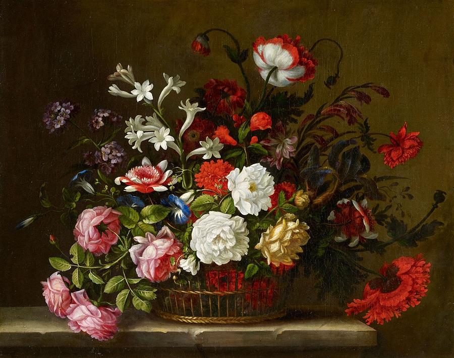 Two Still Lifes With Flowers On A Stone Stab Painting