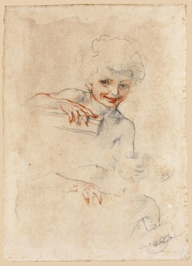 Two studies of a grinning boy holding a box Drawing by Baldassare Franceschini