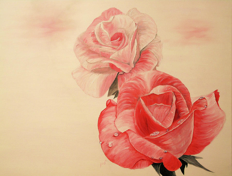 Nature Painting - Two tea roses by Maria Woithofer