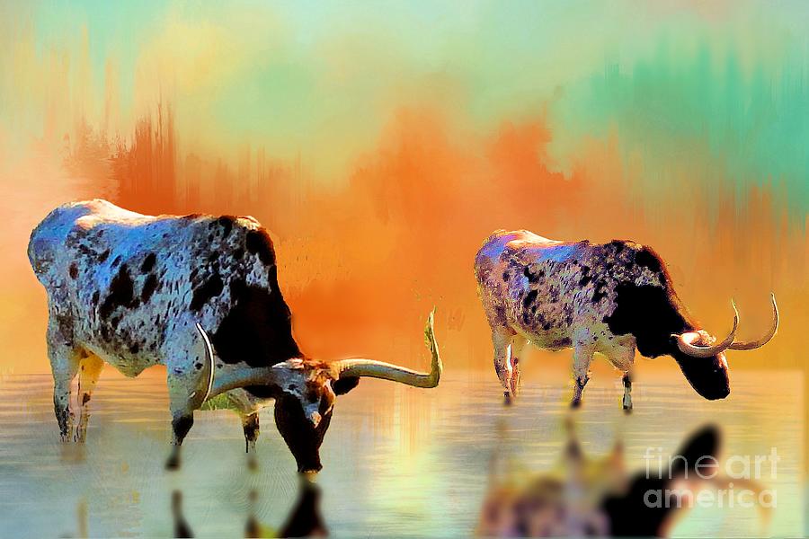 Paris Photograph - Two Texas Longhorns at Watering Hole by Janette Boyd