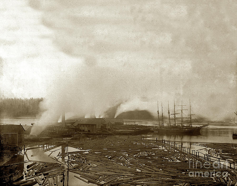 Log Boom Photograph - Two three-mast sailing barkentine at Lumber dock 1895 by Monterey County Historical Society