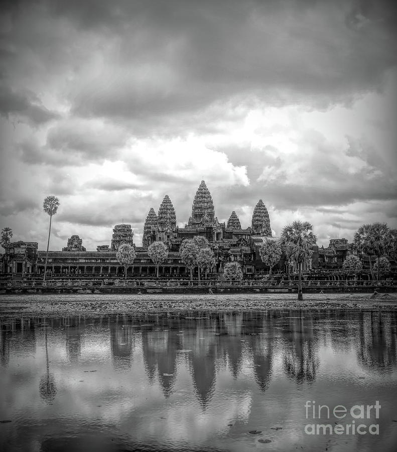 Two Tone Black White Vertical Angkor Wat  Photograph by Chuck Kuhn