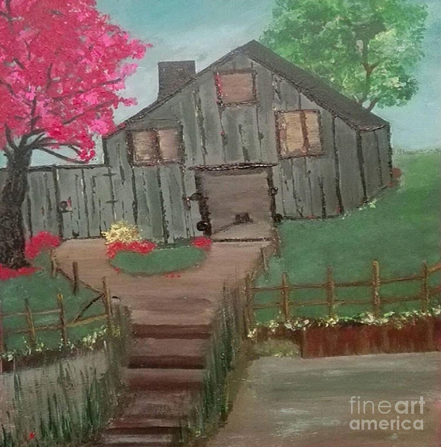 Two Trees By The Old Shed, landscape acrylic painting Painting by Denise Morgan