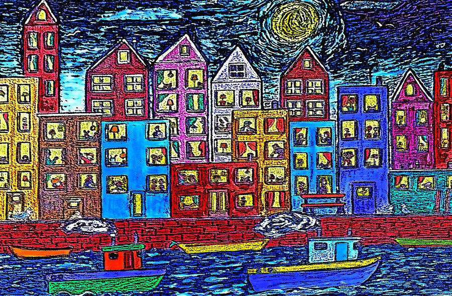 Two Tugboats By Night Painting by Monica Engeler