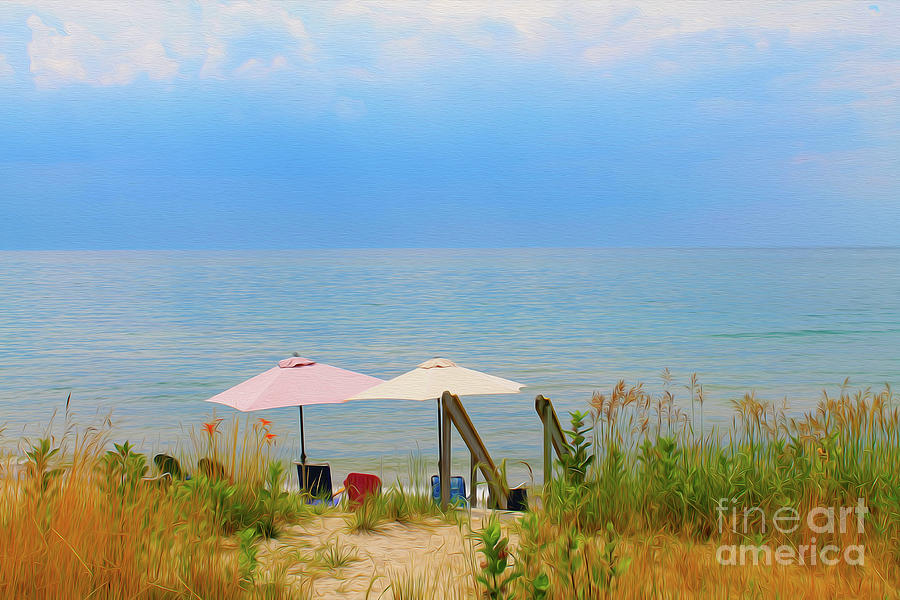Two Umbrellas on Blue Water Beach_ A Photo Painting Photograph by Nina Silver