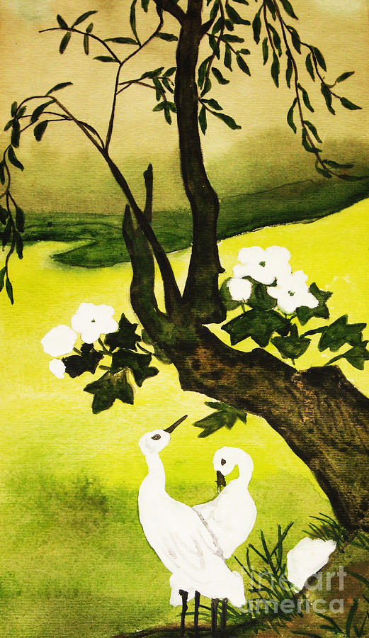 Two white birds and tree Painting by Irina Afonskaya